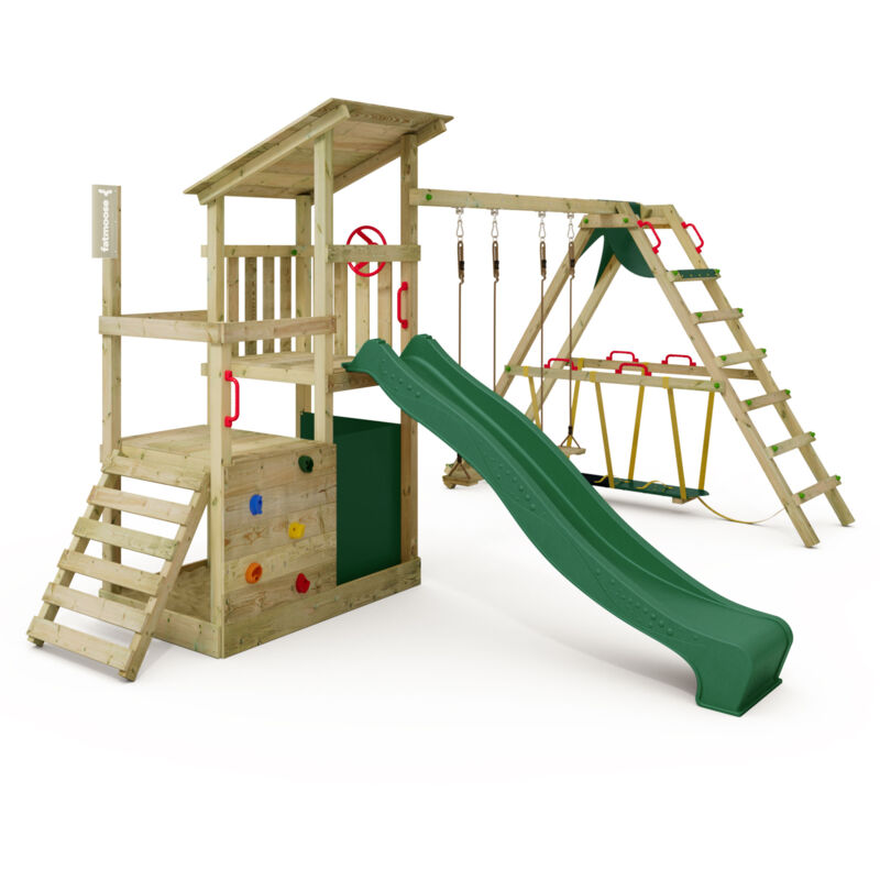 Spielturm Klettergerüst FruityForest mit SurfSwing & Rutsche, Kletterturm mit Sandkasten, Leiter & Spiel-Zubehör – Grün - Fatmoose