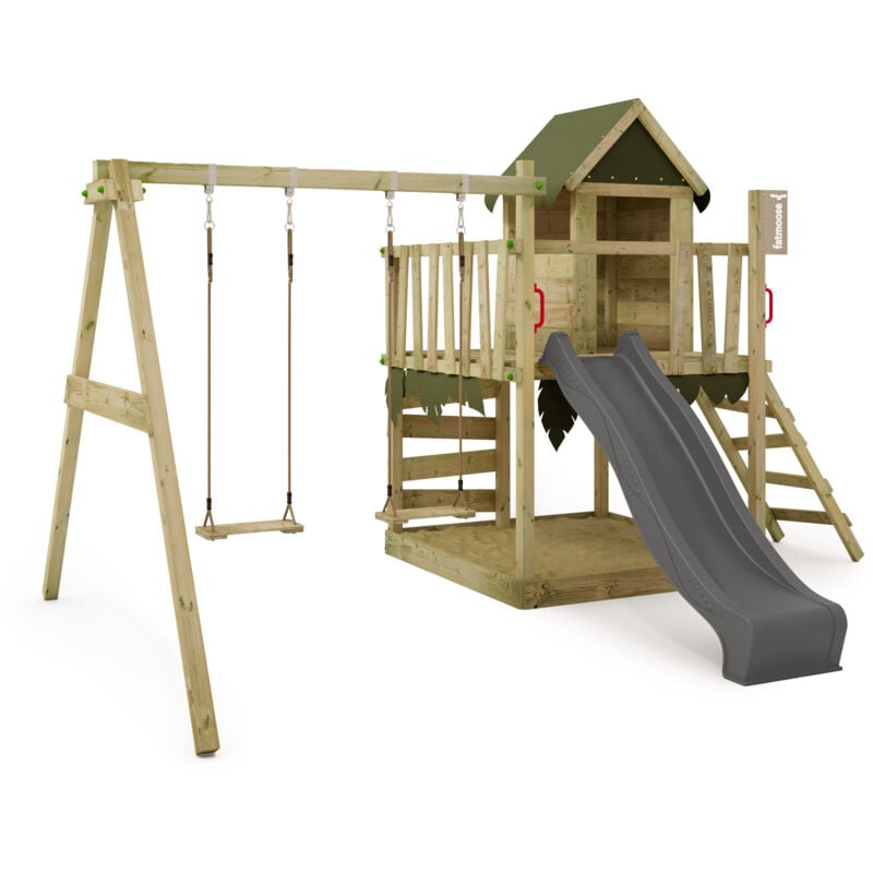 Spielturm Klettergerüst JazzyJungle mit Schaukel & Rutsche, Spielhaus mit Sandkasten, Leiter & Spiel-Zubehör – Anthrazit - Fatmoose