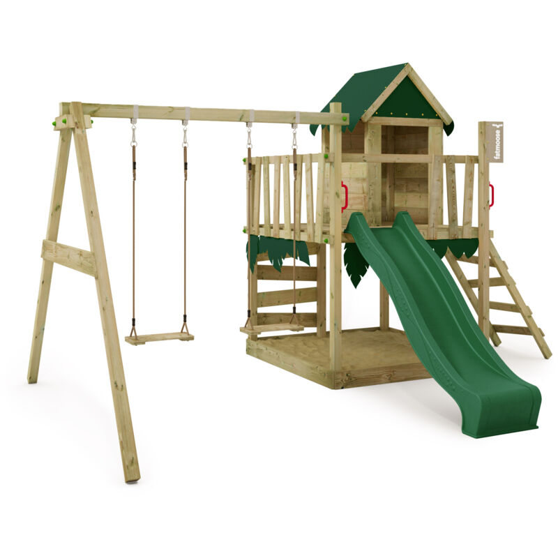 Spielturm Klettergerüst JazzyJungle mit Schaukel & Rutsche, Spielhaus mit Sandkasten, Leiter & Spiel-Zubehör – Grün - Fatmoose