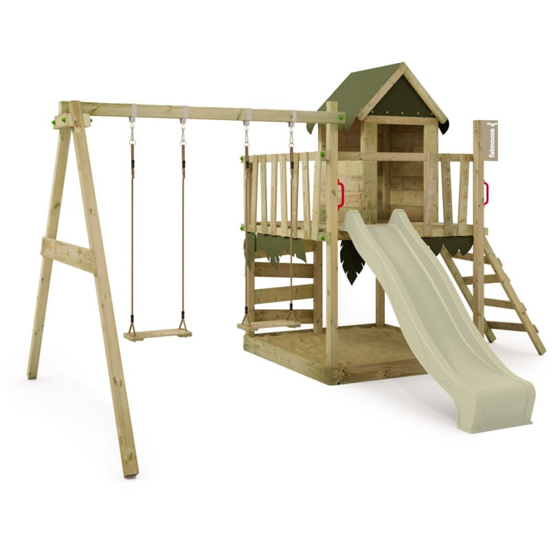 Spielturm Klettergerüst JazzyJungle mit Schaukel & Rutsche, Spielhaus mit Sandkasten, Leiter & Spiel-Zubehör – Salbeigrün - Fatmoose