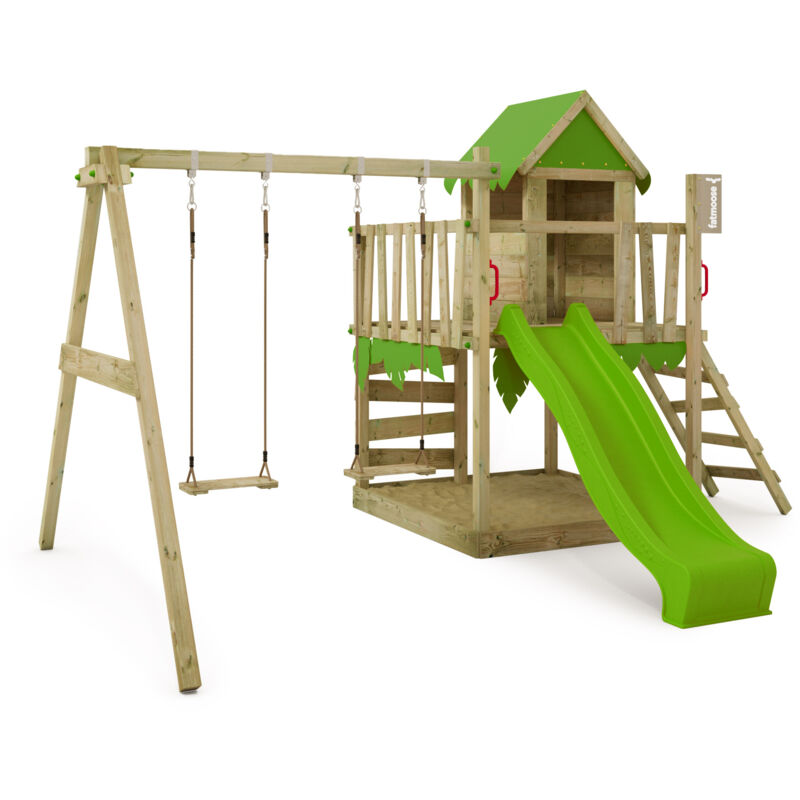 Spielturm Klettergerüst JazzyJungle mit Schaukel & Rutsche, Spielhaus mit Sandkasten, Leiter & Spiel-Zubehör - apfelgrün - Fatmoose