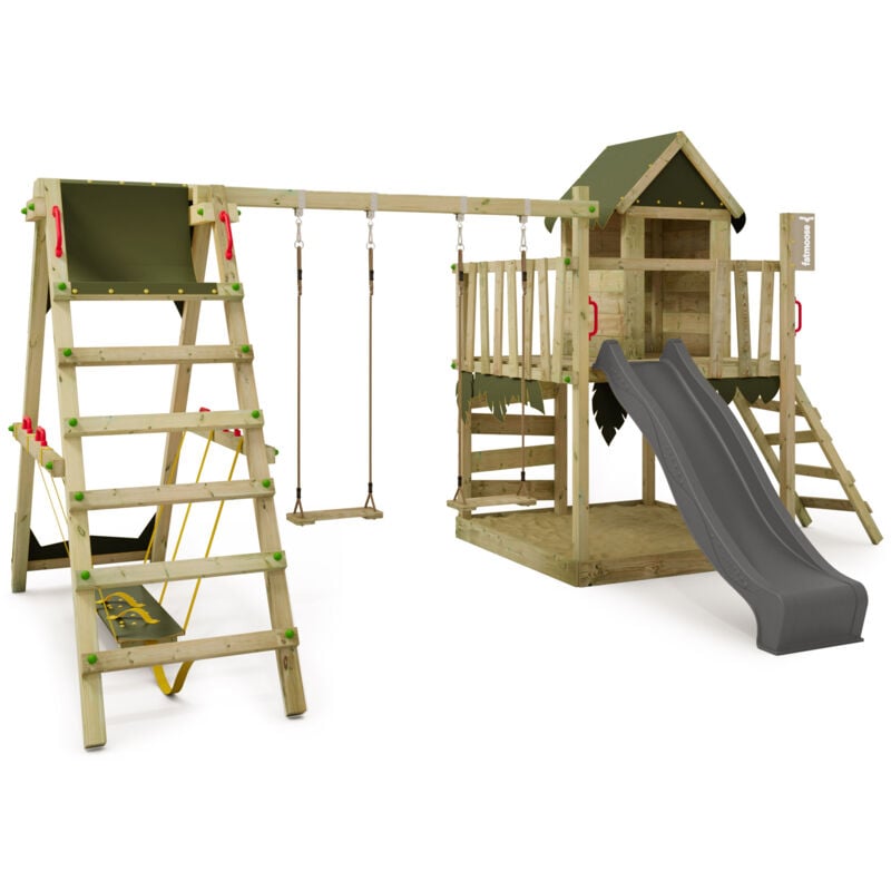 Spielturm Klettergerüst JazzyJungle mit SurfSwing & Rutsche, Spielhaus mit Sandkasten, Leiter & Spiel-Zubehör – Anthrazit - Fatmoose