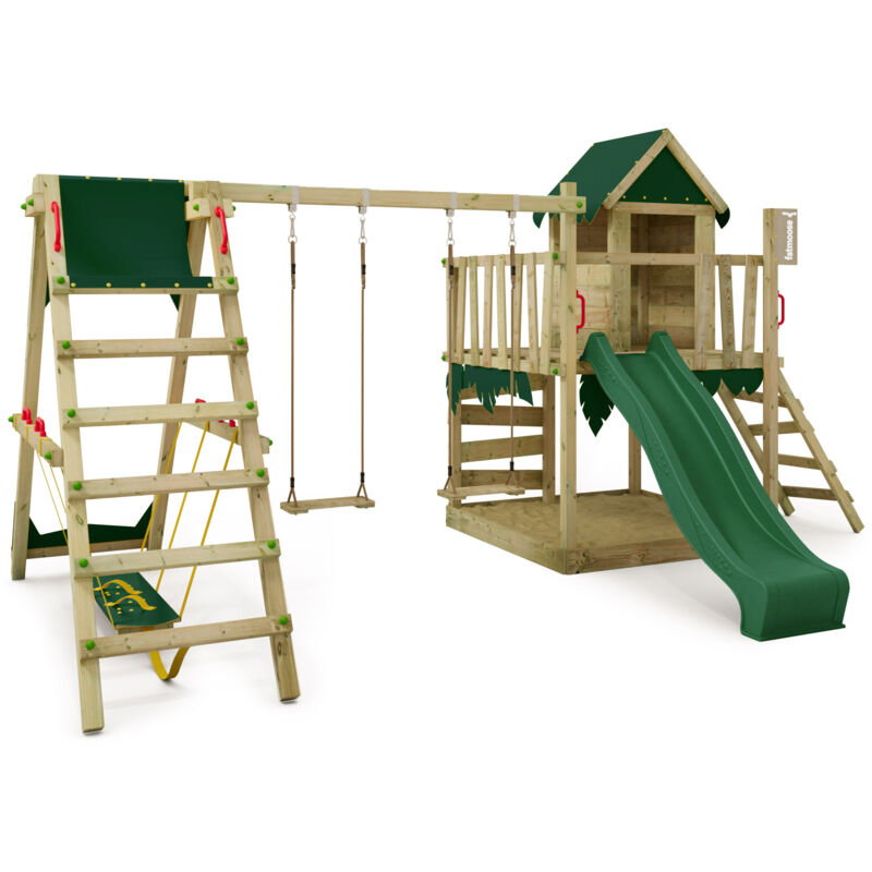 Spielturm Klettergerüst JazzyJungle mit SurfSwing & Rutsche, Spielhaus mit Sandkasten, Leiter & Spiel-Zubehör – Grün - Fatmoose