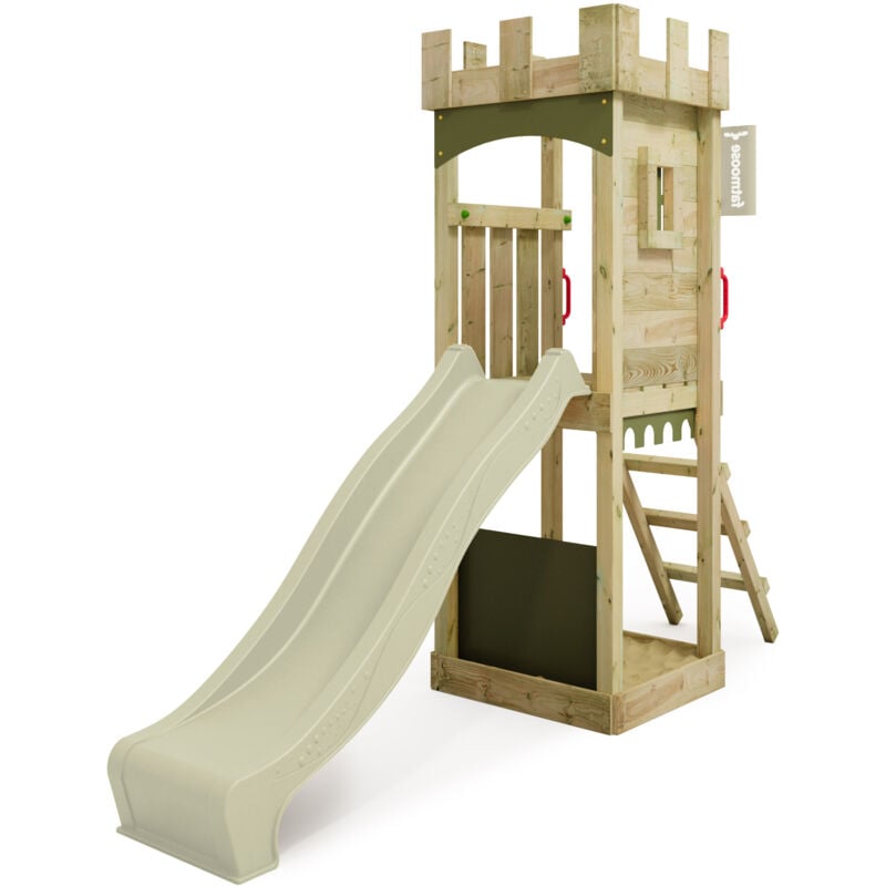 Spielturm Klettergerüst TreasureTower mit Rutsche, Kletterturm mit Sandkasten, Leiter & Spiel-Zubehör – Salbeigrün - Fatmoose