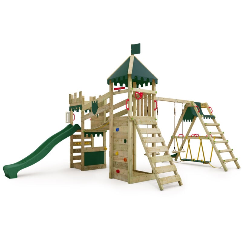 Spielturm Ritterburg RiverRun mit Schaukel SurfSwing & Rutsche, Spielhaus mit Sandkasten, Leiter & Spiel-Zubehör – Grün - Fatmoose