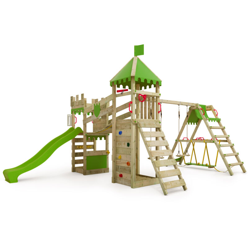 Spielturm Ritterburg RiverRun mit Schaukel SurfSwing & Rutsche, Spielhaus mit Sandkasten, Leiter & Spiel-Zubehör - apfelgrün - Fatmoose