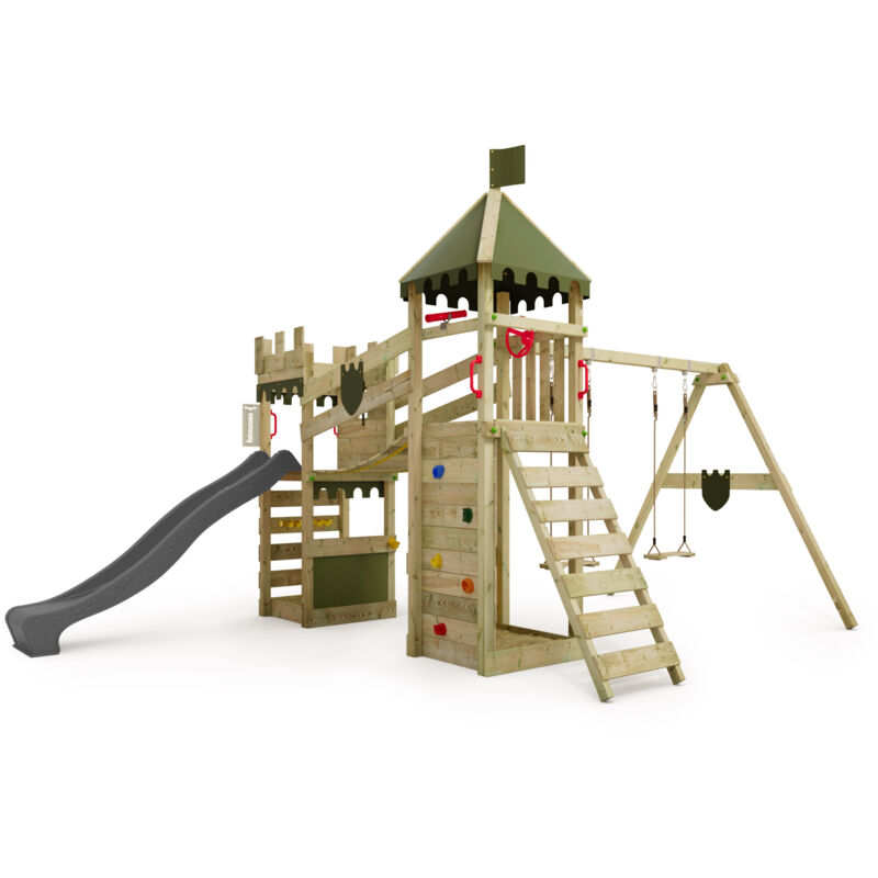 FATMOOSE Spielturm Ritterburg RiverRun mit Schaukel & Rutsche, Spielhaus mit Sandkasten, Leiter & Spiel-Zubehör - Anthrazit