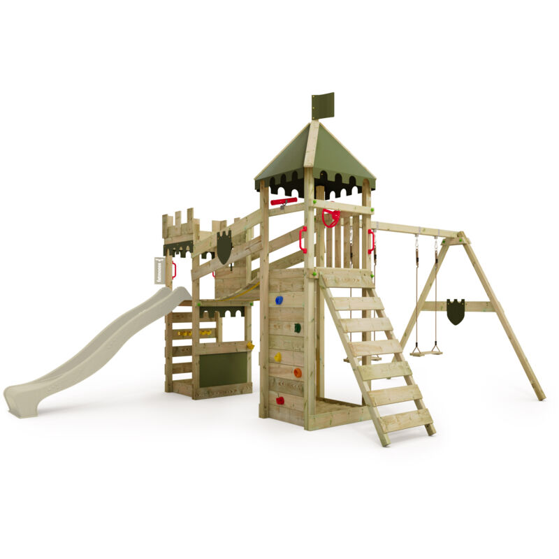Spielturm Ritterburg RiverRun mit Schaukel & Rutsche, Spielhaus mit Sandkasten, Leiter & Spiel-Zubehör – Salbeigrün - Fatmoose