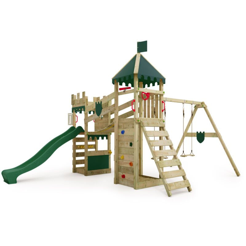 Spielturm Ritterburg RiverRun mit Schaukel & Rutsche, Spielhaus mit Sandkasten, Leiter & Spiel-Zubehör – Grün - Fatmoose