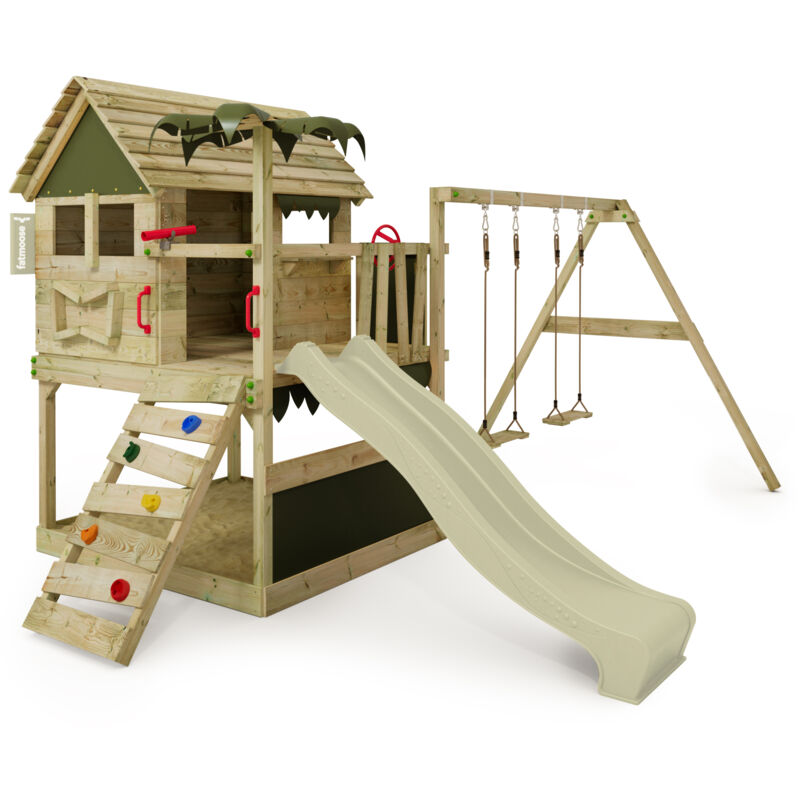 Spielturm Klettergerüst TikaTaka mit Rutsche & Schaukel, Kletterturm mit Sandkasten, Leiter & Spiel-Zubehör - Salbeigrün - Fatmoose