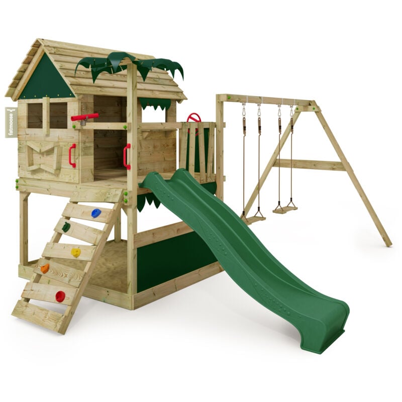 Spielturm Klettergerüst TikaTaka mit Rutsche & Schaukel, Kletterturm mit Sandkasten, Leiter & Spiel-Zubehör - Grün - Fatmoose
