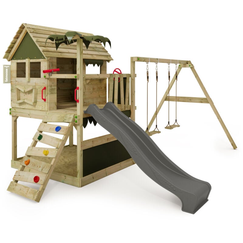FATMOOSE Spielturm Klettergerüst TikaTaka mit Rutsche & Schaukel, Kletterturm mit Sandkasten, Leiter & Spiel-Zubehör - Anthrazit