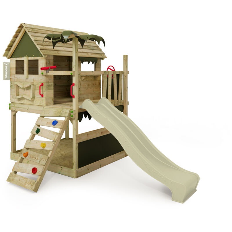 FATMOOSE Spielturm Klettergerüst TikaTaka mit Rutsche, Kletterturm mit Sandkasten, Leiter & Spiel-Zubehör - Salbeigrün