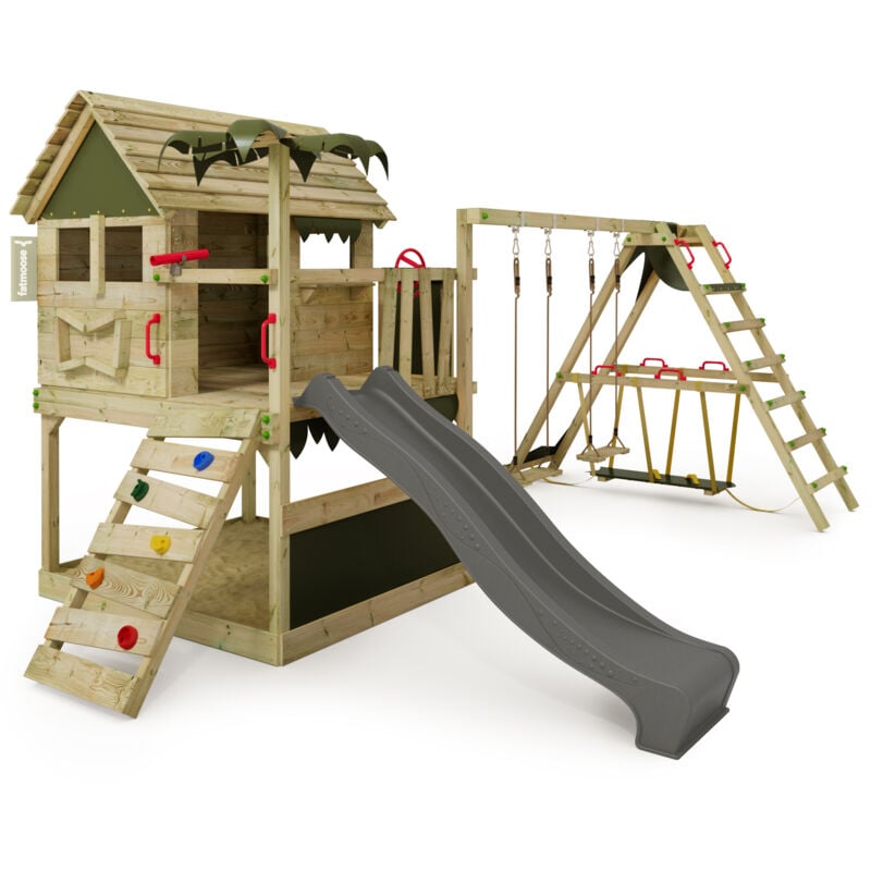 FATMOOSE Spielturm Klettergerüst TikaTaka mit Rutsche & SurfSwing, Kletterturm mit Sandkasten, Leiter & Spiel-Zubehör - Anthrazit