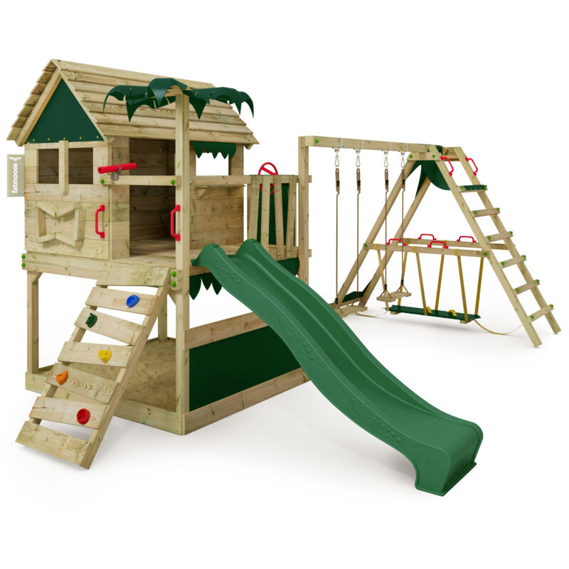 Spielturm Klettergerüst TikaTaka mit Rutsche & SurfSwing, Kletterturm mit Sandkasten, Leiter & Spiel-Zubehör - Grün - Fatmoose