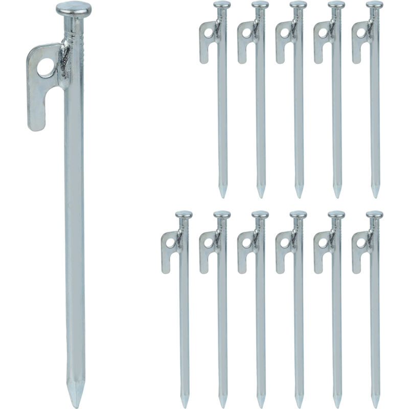Felsbodenhering, 12er Set, für Zelt, Vorzelt, Pavillon, Sturmanker, Stahlhering für harte Böden, 20 cm, silber - Relaxdays