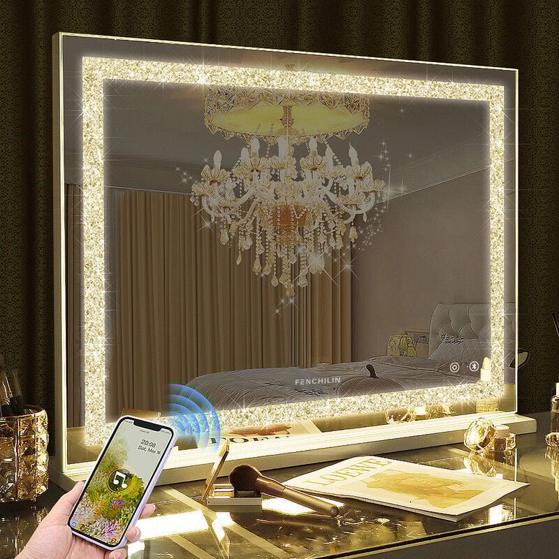 Fenchilin - beleuchteter Spiegel mit Bluetooth-Spiegel kann 3-Lichteffekte für Wand/Desktop Dual Purpose Make-up Spiegel Badezimmer Spiegel Größe
