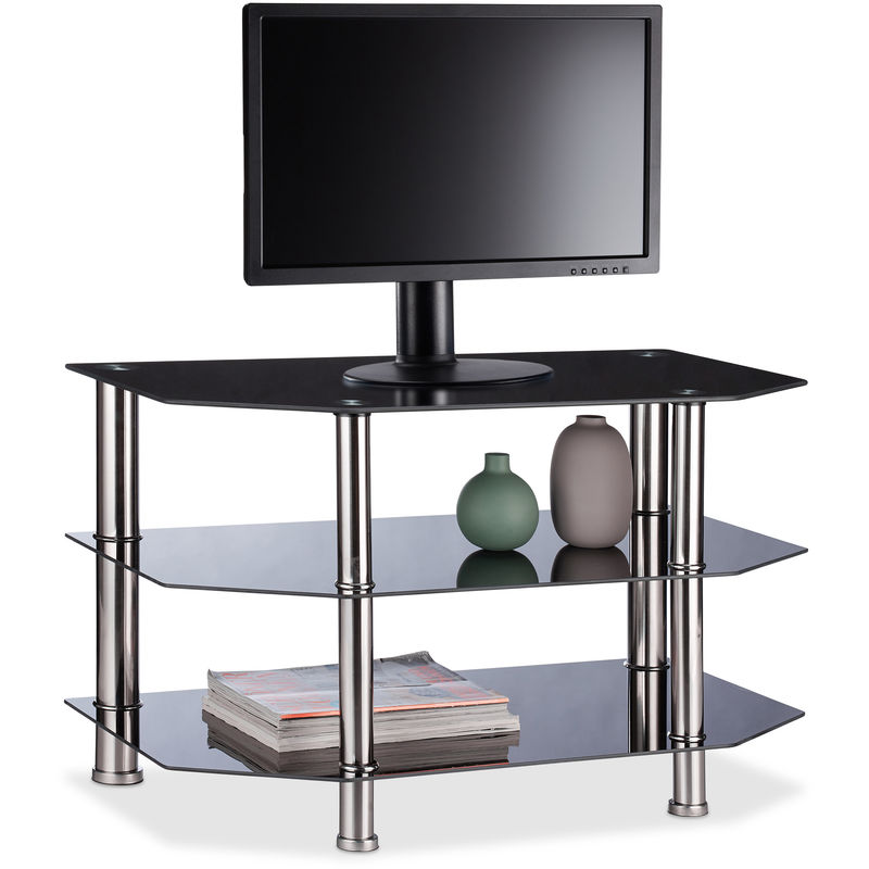 Relaxdays Fernsehtisch Schwarzglas, 3 gehärtete Glasablagen, gummierte Standfüße, Edelstahl, 49x80x45cm, schwarz/silber