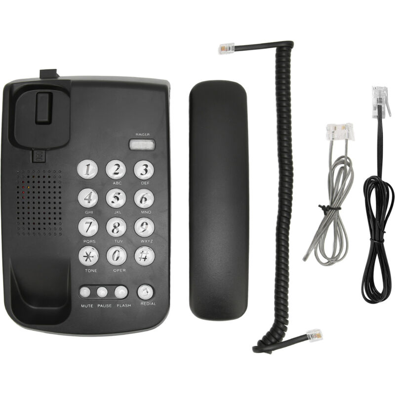 Festnetztelefon mit Freisprechfunktion, Wahlwiederholungsfunktion und Stummschaltung, zur Wand- oder Tischmontage, schwarz.