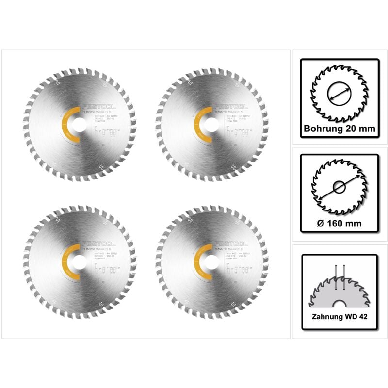 Festool 4x Kreissägeblatt Wood Fine Cut HW 160 x 1,8 x 20 mm WD42 ( 4x 205553 ) für Tauchsägen TS 55 F, TSC 55 K & Handkreissägen HK 55, HKC 55