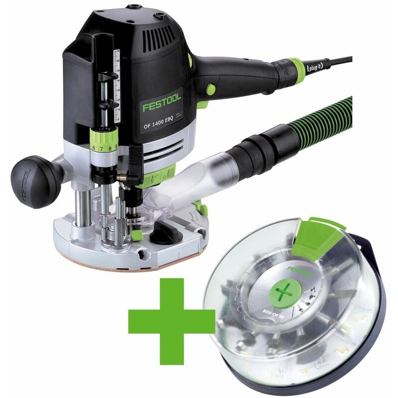 Festool OF 1400 EBQ-PLUS Oberfräse 1400W 70mm Hub ( 574398 ) + Zubehör + Box-OF-S 8/10x HW Fräser Box 10 tlg. + Systainer
