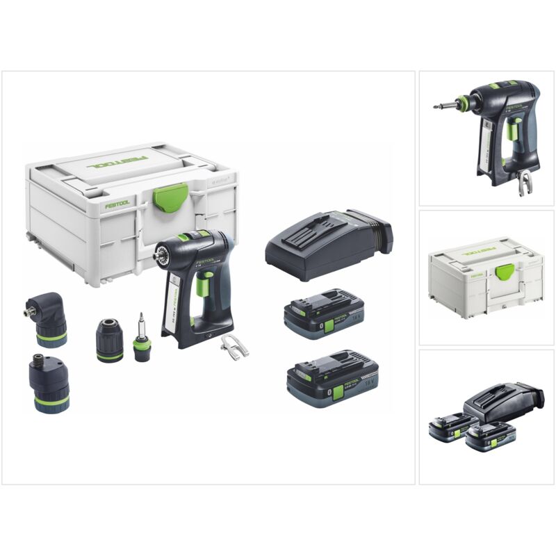 Festool C 18 HPC 4,0 l-Set Akku Bohrschrauber 18 V 45 Nm Brushless ( 576992 ) + 2x Akku 4,0 Ah + Ladegerät + Exzentervorsatz + Winkelvorsatz +