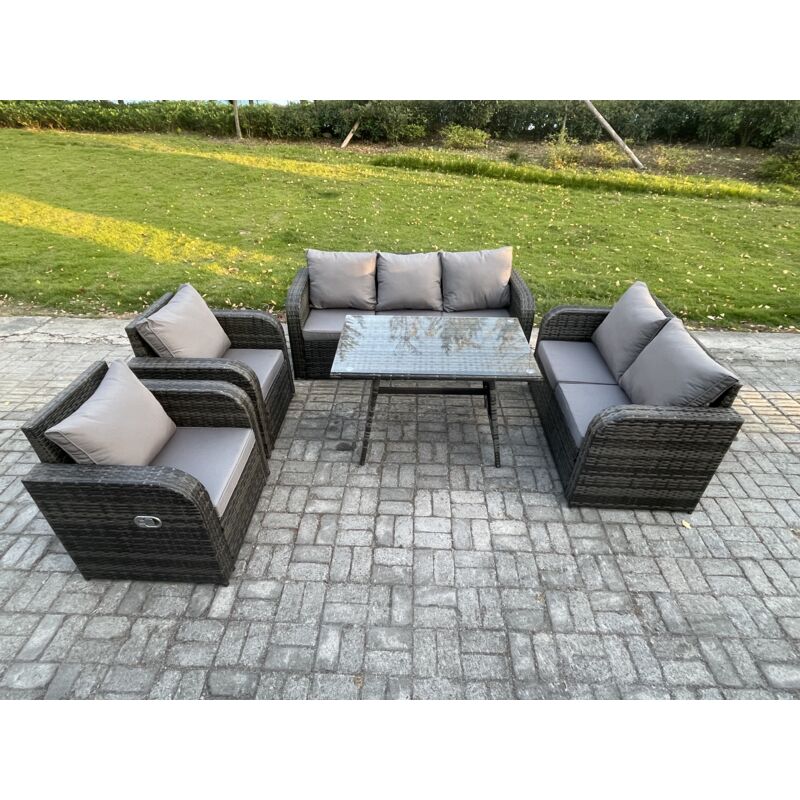 7-Sitzer Hoher Rücken Polyrattan Sofa Set Gartenmöbel Esstisch Set mit Liegestühle 3-Sitzer Sofa Love Sofa - Fimous