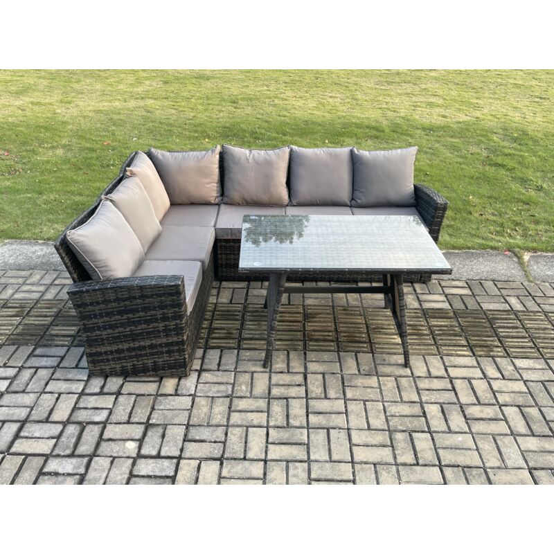 Gartenlounge Set Rattan Ecksofa Set Rechteckiger Esstisch Dunkelgrau gemischt - Fimous