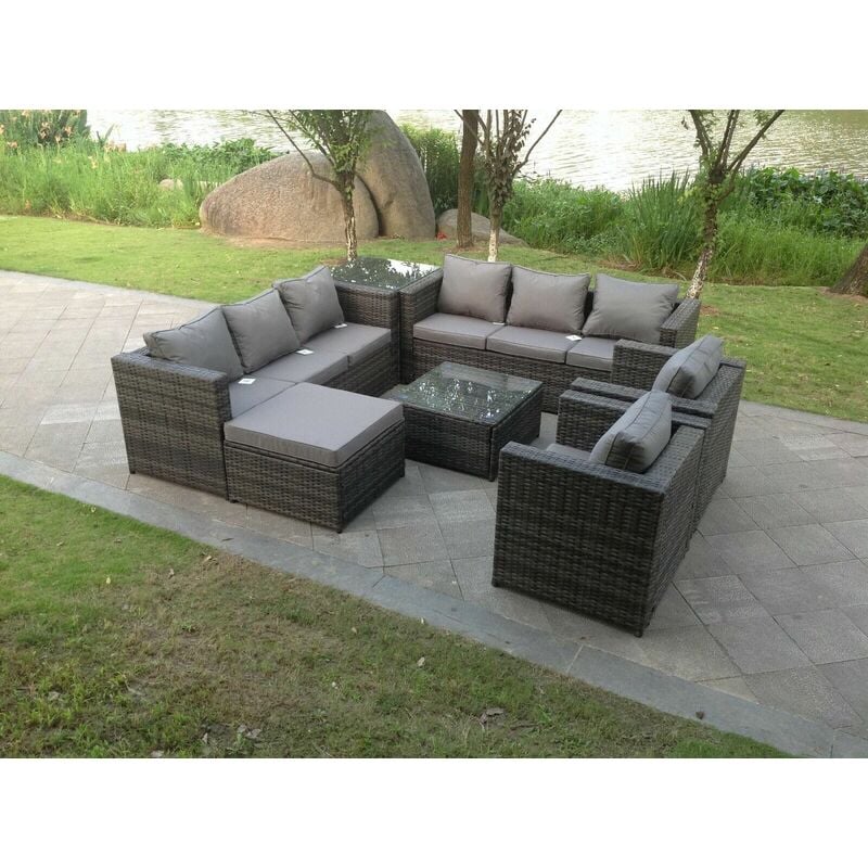 Gartenlounge Sofa Set -Balkonmöbel Set 9-sitzer Poly Rattan Gartenmöbel-Set 2 Tische mit Glas für Wintergarten, Rasen, Terrasse,Dunkelgrau Gemischt