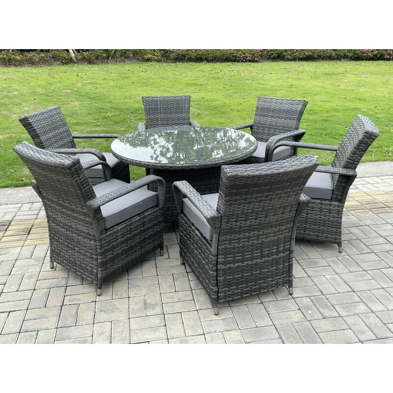 6-Sitzer Rattan Gartenmöbel Set Polyrattan Essgruppe Gartenlounge Wetterfest Stühle Runde Tische mit Glas für Rasen, Terrasse,Dunkelgrau Gemischt(6