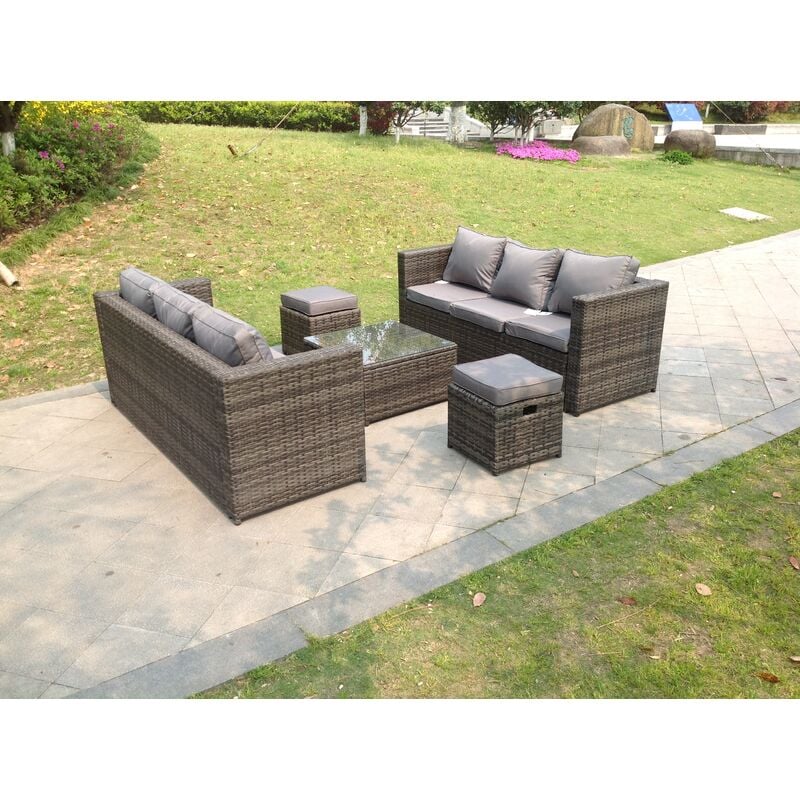 Rattan Gartenmöbel Set 8-Sitzer Gartenlounge Sofa Sitzgruppe Terassenmöbel mit Gartensofa, Couchtisch, Hocker Dunkelgrau Gemischt - Fimous