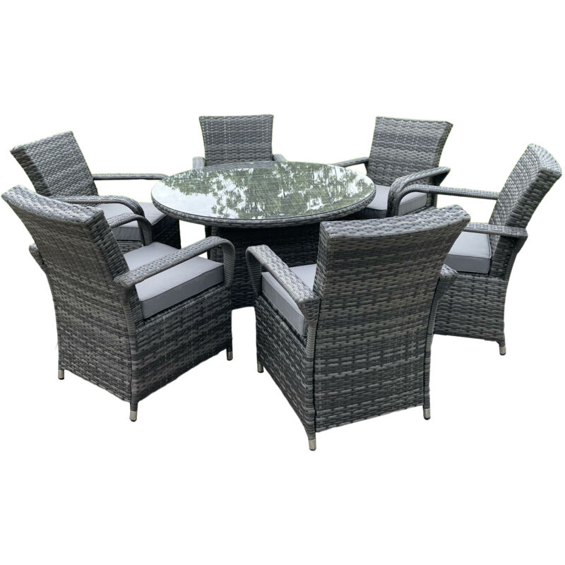 Rattan Gartenmöbel Essplatz Tisch und Stuhl Set Wicker Patio 6 Stühle Plus Runde Klar Gehärtetes Glas Tisch - Fimous