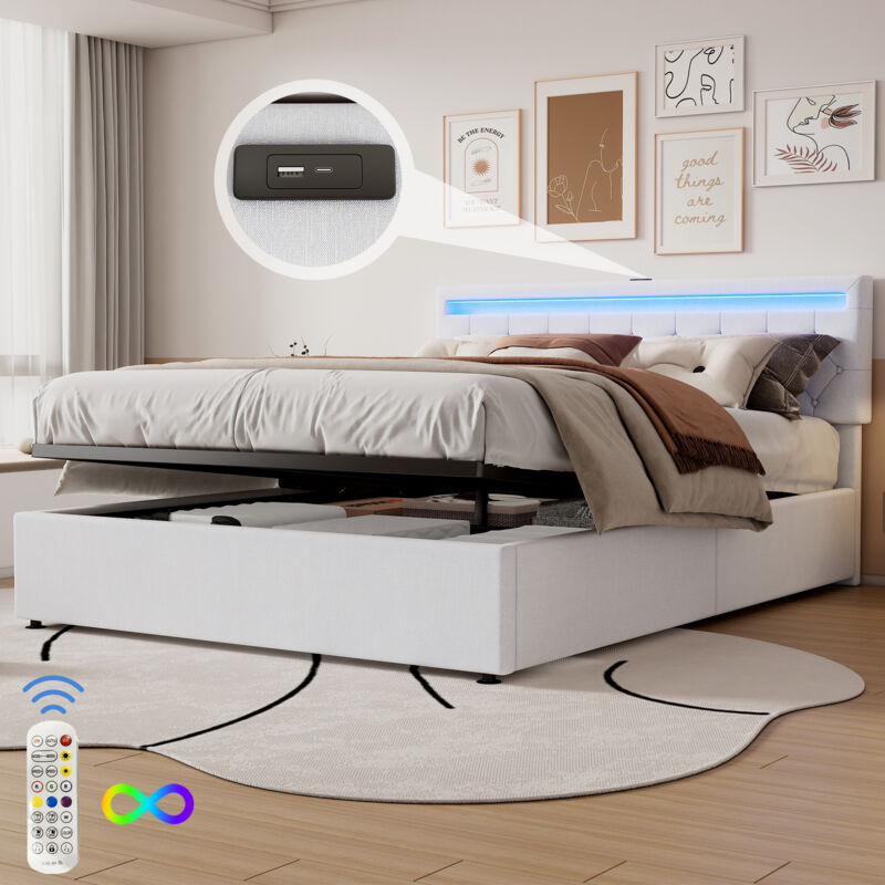 Flachbett 160200 cm, gepolstertes Bett, Stimmungslicht am Bett, 24-Tasten-Fernbedienung, Bett heben und senken, usb- und Typ-C-Buchse am Bett, großer