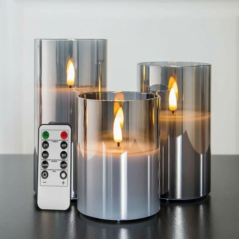 Flammenlose flackernde Kerzen aus silbergrauem Glas mit Fernbedienung, 3er-Pack realistische gefälschte LED-Kerzen∅ 3 H 4 5 6