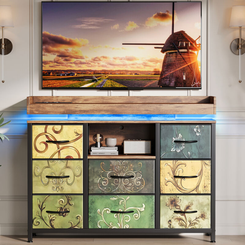 FOERPL-Kommode mit 8 Tissu-Tiroirs, Schrankmöbeln mit LED und 2 USB-Preisen und 2 Secteur-Preisen Kommode für Erwachsene mit Struktur aus Metall für