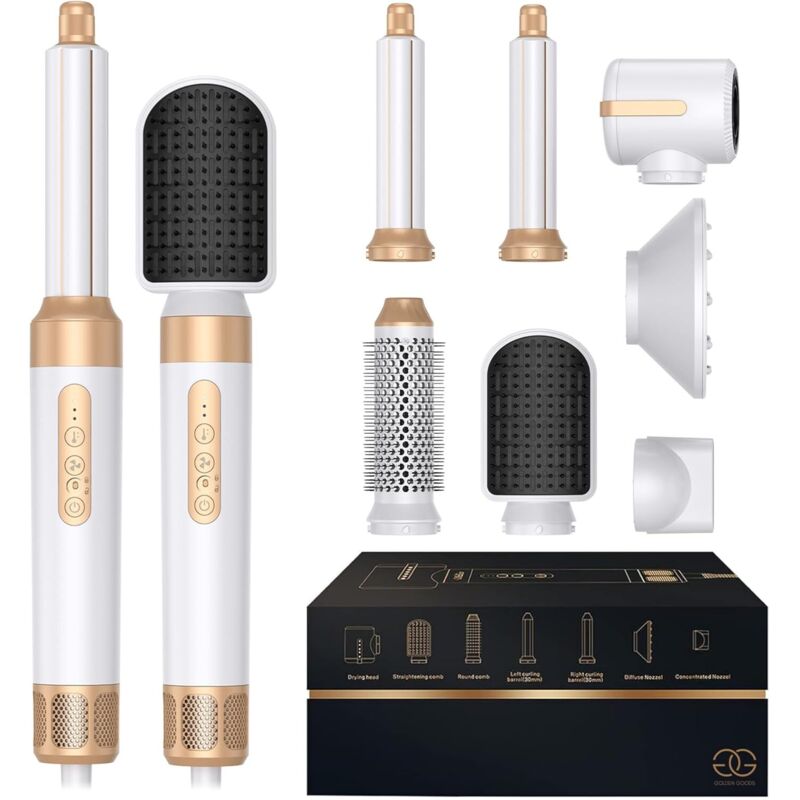 Föhnbürste mit 7 Aufsätzen, 7-in-1 Airstyler, Haartrockner, zum Trocknen, beheizte Stylingbürste, zum Glätten, Locken, Weiß/Gold Edition