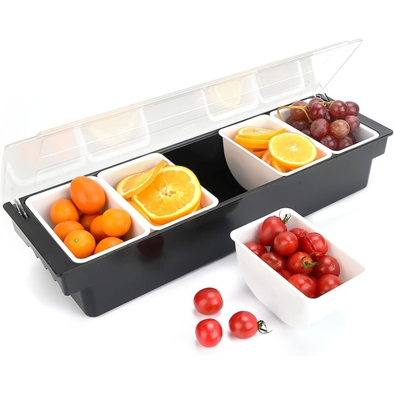 Food & Condiment Dispenser mit Deckel, Plastic Bar Garnish Station Dispenser Tray zum Servieren von Taco/Eis/Obst/Salat Bar (5 Compartment)