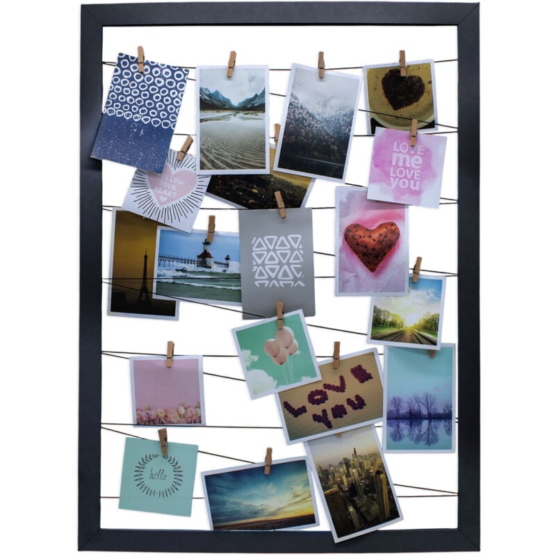 Fotohalter 75x55 cm schwarz - Gummileine mit 20 Holz Klammern - Fotorahmen Bilder Rahmen Galerie