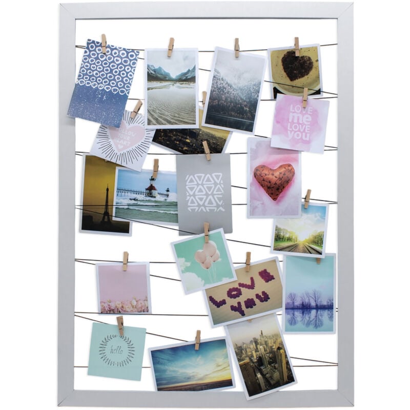 Fotohalter 75x55 cm weiß - Leine mit 20 Holz Klammern - Fotorahmen Bilder Rahmen Galerie