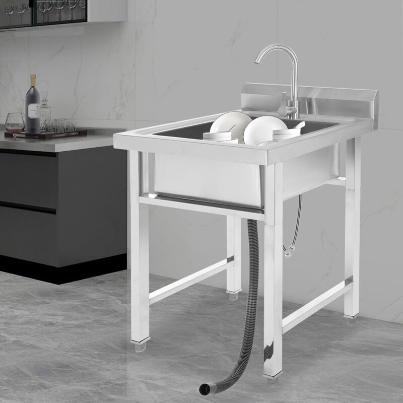 Freistehende Küchenspüle Edelstahl Spüle mit 1 Becken, Spültisch mit 360° Heiße & Kalte Wasserhahn, Outdoor Spüle Waschbecken Edelstahlspüle 60 x 60
