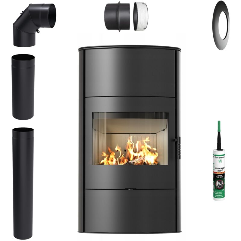 Freistehender Kaminofen Koza KRATKI ROLLO/W 2 10kW fi150 für Wohnraum Set