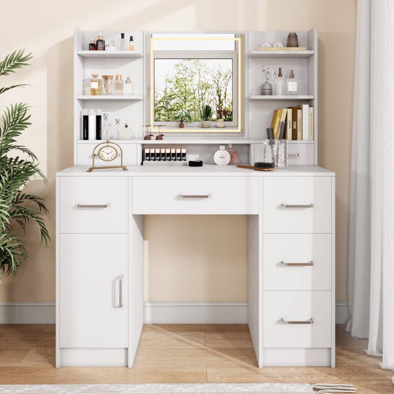 Frisiertisch mit LED-Spiegel in 3 Farben – mit Halterung und Ablage für Föhn – Weiß – 110 x 40 x 140 cm