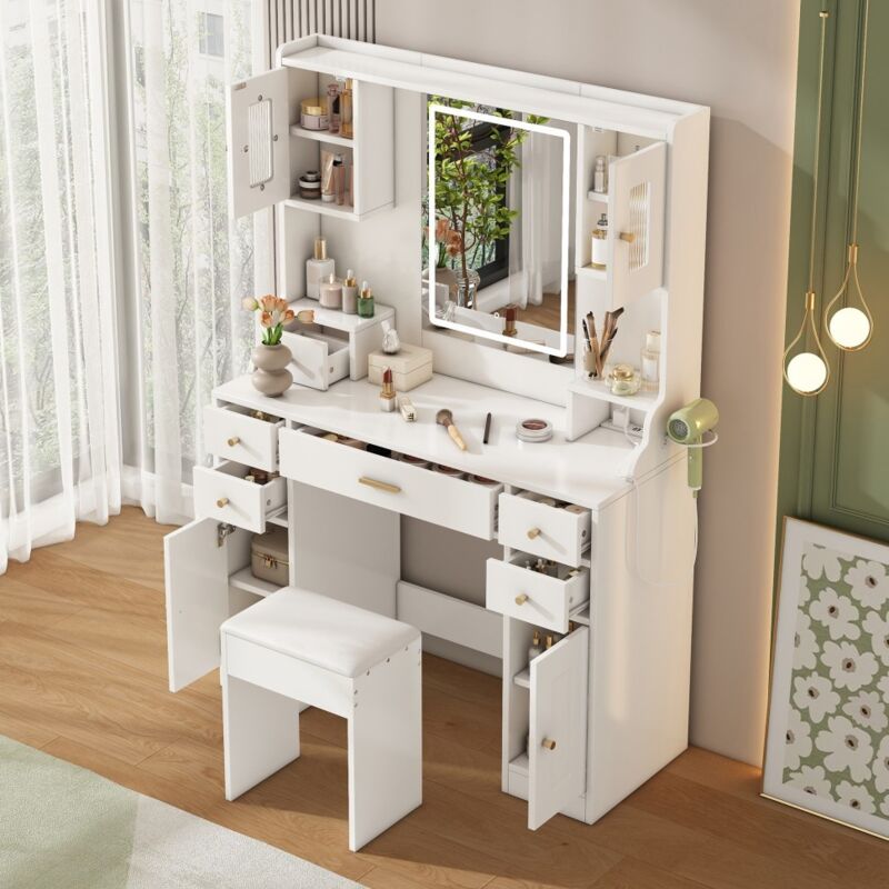 Frisiertisch mit LED-Spiegel, USB-/Typ-C-Anschlüssen und Föhn – 105 x 40 x 152 cm – 6 Schubladen und 4 Türen – Weiß