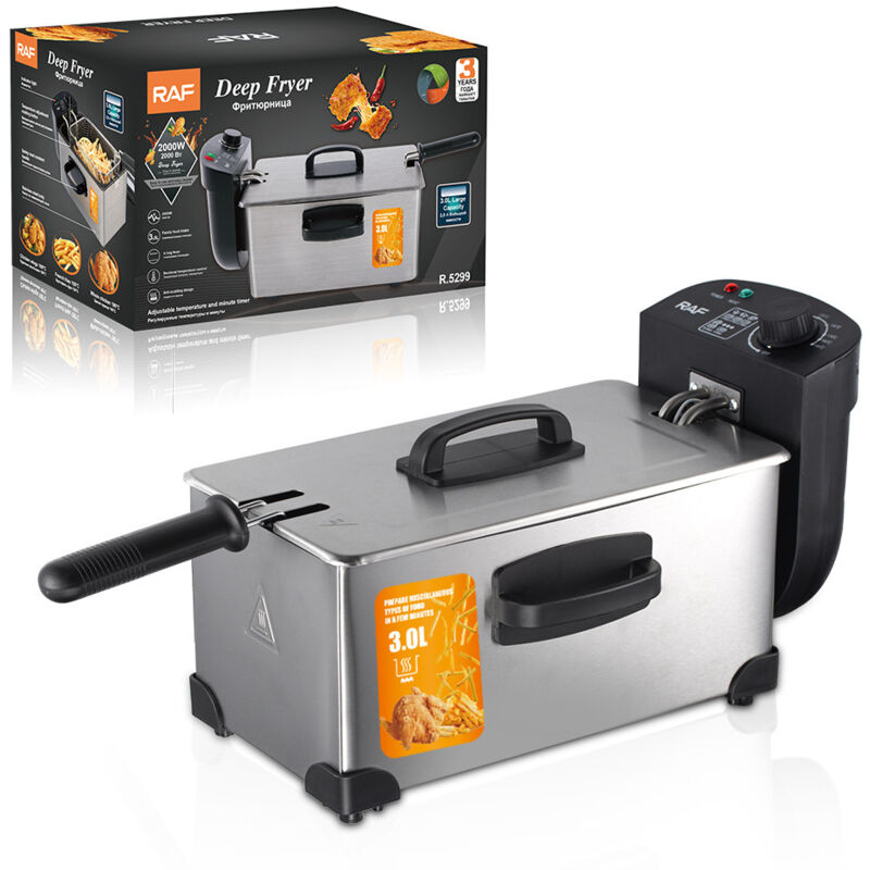 Fritteuse aus Edelstahl, 3 l Fassungsvermögen, einstellbare Temperatur bis 190 °C, Kaltzone, spülmaschinenfeste Teile, kalte Wände, schwarz