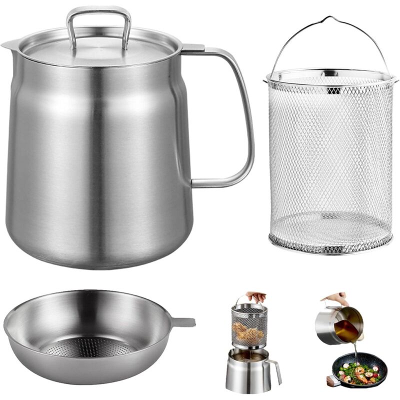 Fritteuse aus Edelstahl 304 mit feinmaschigem Filter und Filterkorb, 2 l multifunktionalem Öltopf, staubdichtem Deckel, Fettbehältergriff zum Kochen
