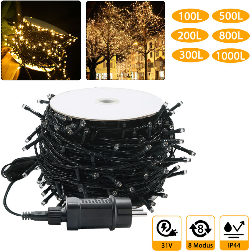 Froadp 100m LED Lichterkette 1000 LEDs Lichterketten Vorhang Außen mit Stecker IP44 Wasserdicht Weihnachtsbeleuchtung mit 8 Leuchtmodi WarmWeiß