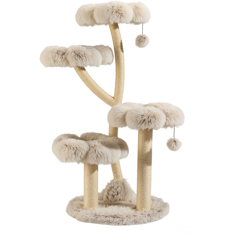 Fudajo Designer Kratzbaum 59 x 59 x 123 cm, Katzenkratzbaum mit Plüsch und Sisal, Kletterbaum für Katzen, Katzenbaum mit Spielbällen