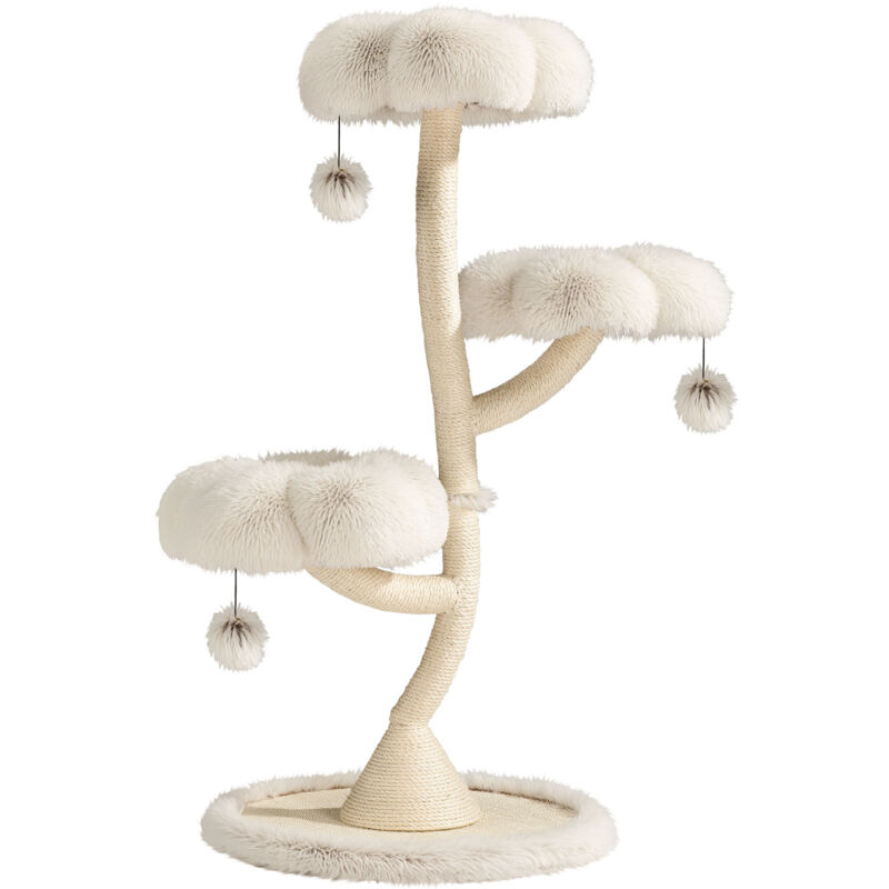 Fudajo Designer Kratzbaum mit 3 Mulden, Katzenkratzbaum Ø 59 cm und 125 cm Höhe, Katzenbaum bis max. 15 kg mit Sisal und Plüsch, Katzenmöbel mit 3