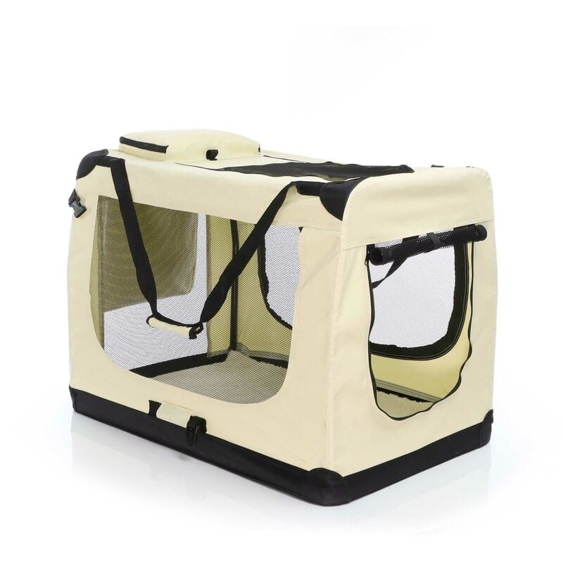 Fudajo Faltbare Transportbox für Hunde, Katzen XXL (90x60x64cm), robust, leicht, sicher, Hundebox mit Tragegriff und Decke, Beige