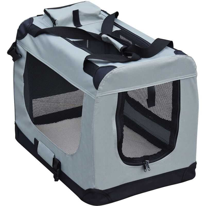 Fudajo - Faltbare Transportbox für Hunde, Katzen l (70x52x50cm), robust, leicht, sicher, Hundebox mit Tragegriff und Decke, Grau